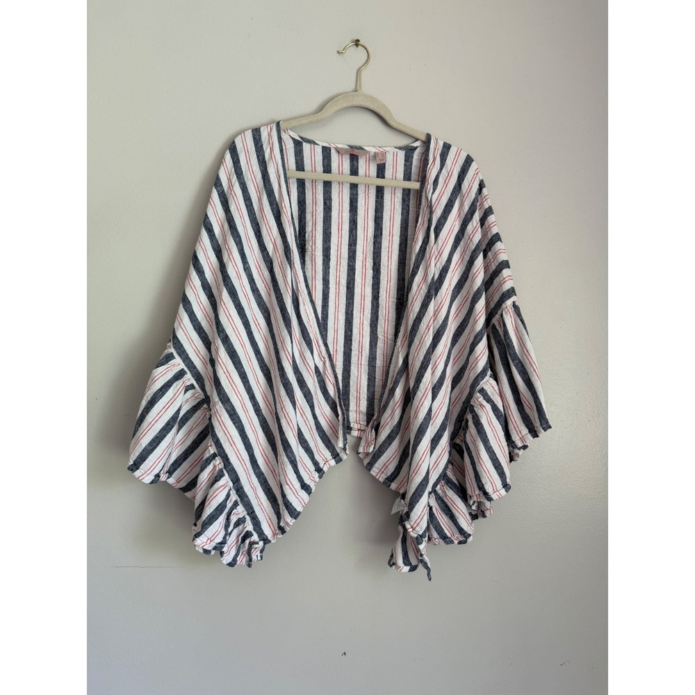 Laurie Felt Los Angeles Striped Ruffle Sleeve Kimono Wrap Top XL/1X Linen Blend‎